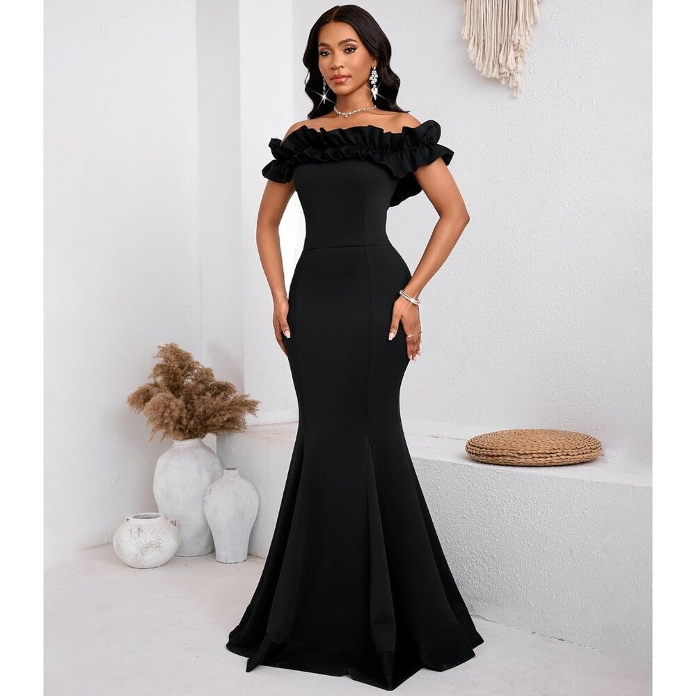 Women's Black Cololura Sexy Floor-Length Off Shoulder Ruffles Stringy Selvedge - Picture 4 of 8